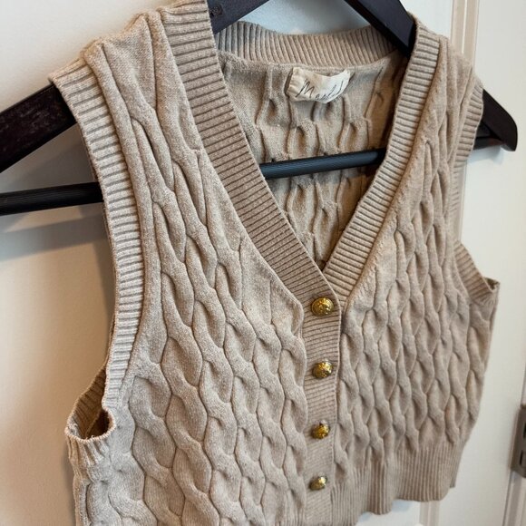 Marled Vest Cream Brown Cable Knit Sweater Vest Gold Button Size Small - Picture 1 of 10